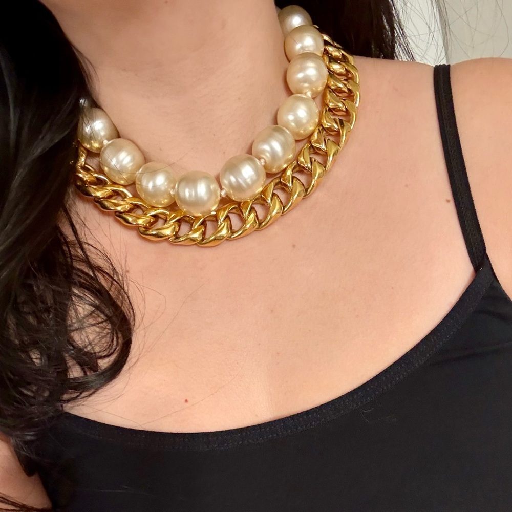 Chanel Oversized Vintage Faux Pearl & Gold Curb Chain Collar Necklace